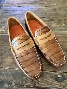 Martin Dingman Brown Croc-Embossed Leather Penny Loafers